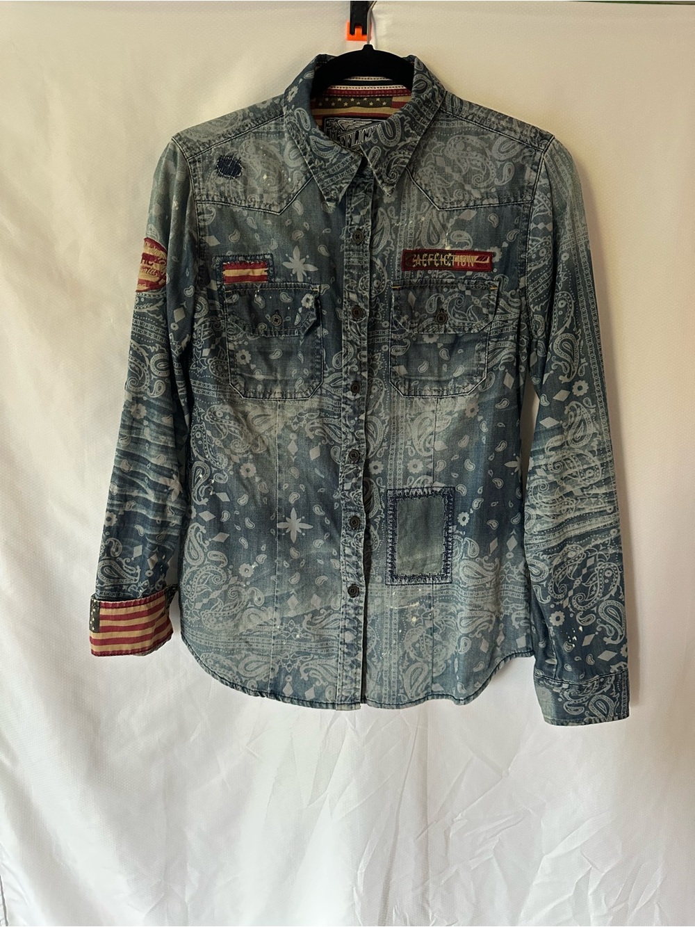 Affliction ACMC Paisley Denim Western Shirt USA Flag Patch Women’s Small